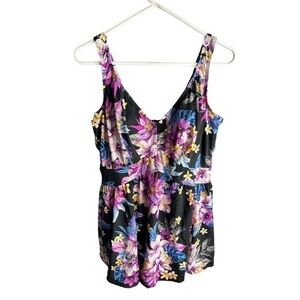 Plus Size Maxine of Hollywood Black Swimsuit Tropical Flowers Size 22W EUC #1127